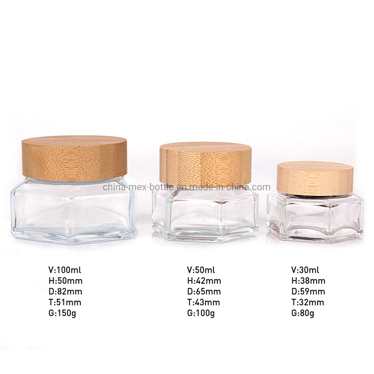 Hexagon Glass Lotion Bottle Skin Care Cream Cosmetic Glass Jar with Bamboo Lid