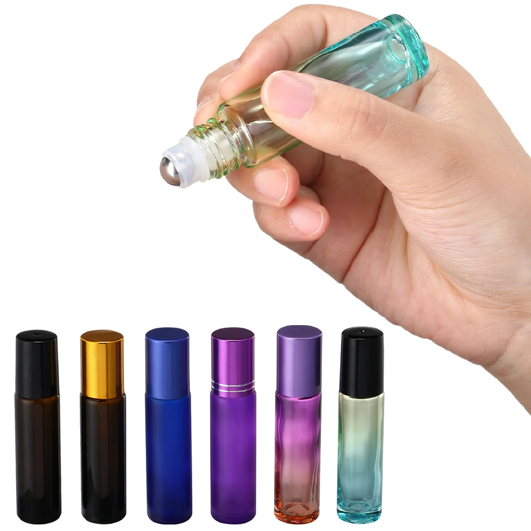 Luxury Mini Round Empty Oil Perfume Roll on Bottle Glass Roller Ball Clear Frosted Bottle 10ml with Stainless Steel Bead