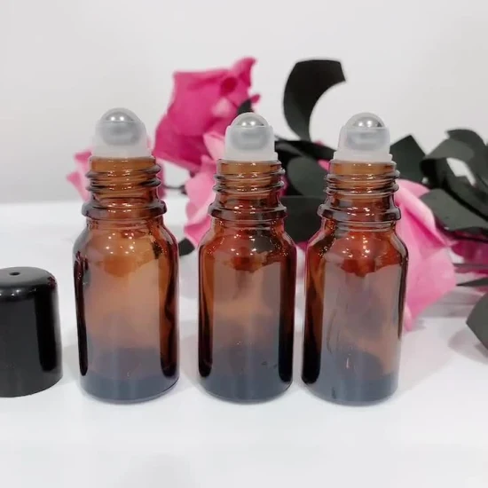 10ml Amber Roll on Glass Bottle Portable Brown Essential Oil Bottle Aroma Metal Roller Ball with Black Plastic Cap