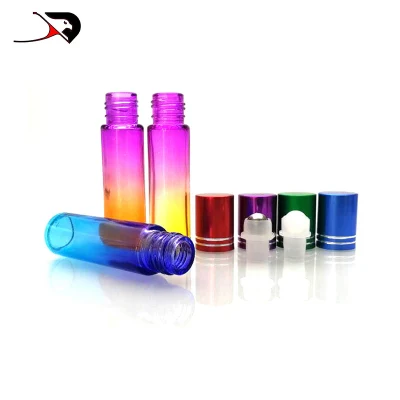 10ml Gradient Colored Refillable Glass Essential Oil Roll on Bottle with Steel Roller Ball Metal Roll with Aluminum Cap and Plastic PP Cap in Stock